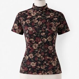 Frazier Lawrence Floral Mock Neck Top Womens Large‎ Black Burgundy Vintage 90s